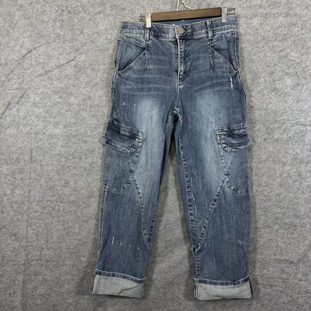 Democracy Ab Solution Cargo Jeans Womens Sz 6 Blue Pockets Cuffed Hem Stretch